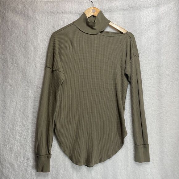 We The Free Waffle Knit Thermal Turtleneck Top Small Olive Shoulder Cutout - Picture 1 of 7